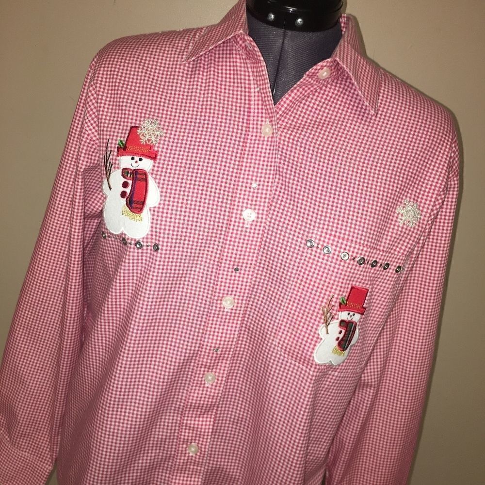 Las Olas Plaid Snowman Christmas Button Up Small